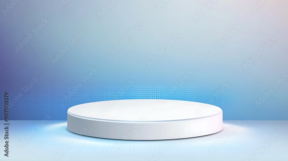 A white, round podium sits on a blue and white background with a subtle glow. A white, round podium sits on a blue and white background with a subtle glow.