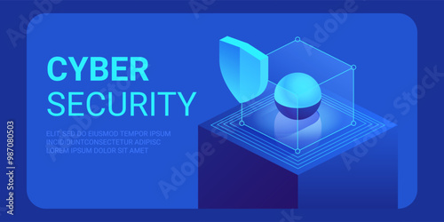 Cyber security isometric concept. Antivirus, encryption, cloud data protection. Software development. Safety internet. Online information protect. Digital technology vector background.