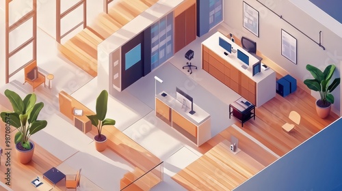 Modern office interior design featuring stylish furniture, plants, and technology, perfect for creative workspaces.