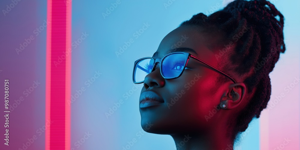 Close-up of a Woman's Face Illuminated by Vibrant Neon Lights Close-up of a Woman's Face Illuminated by Vibrant Neon Lights