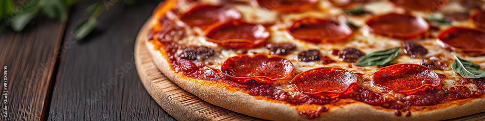 A pepperoni pizza sits on a wooden cutting board Wide format image, website header. A pepperoni pizza sits on a wooden cutting board Wide format image, website header.