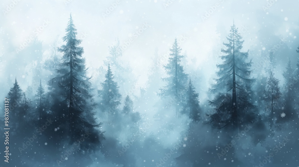 Obraz premium Serene Forest Scene with Tall Pine Trees Covered in Snow and Light Mist