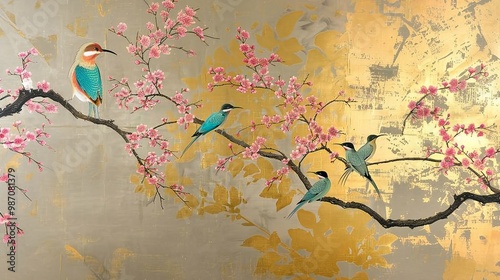 birds on a branch painting in chinoiseries style	

