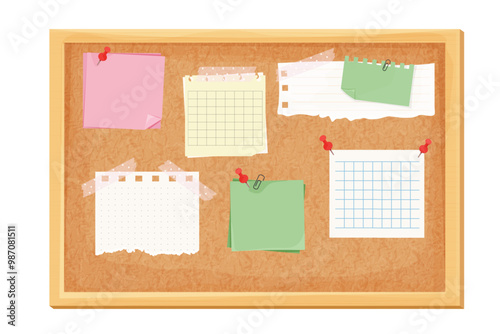 Sticky notes, paper reminder on corkboard with pin, tape. Memo notes, idea or lists sheets. Organizer, wood frame.