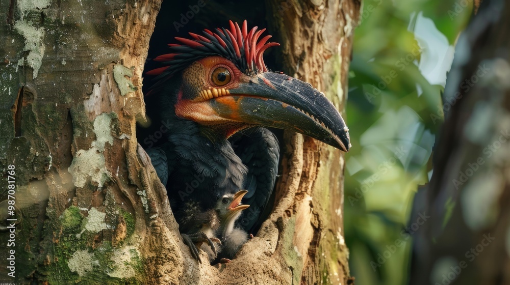 Naklejka premium Close up Portrait of Vibrant Tropical Bird Perching on Tree Branch in Lush Jungle Foliage