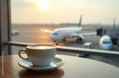 Coffee cup on the table in the airport lounge near big window with plane background, airport runway, sun light.