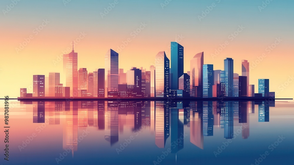 Fototapeta premium Vibrant city skyline reflecting in water during sunset, showcasing modern architecture and a colorful sky.