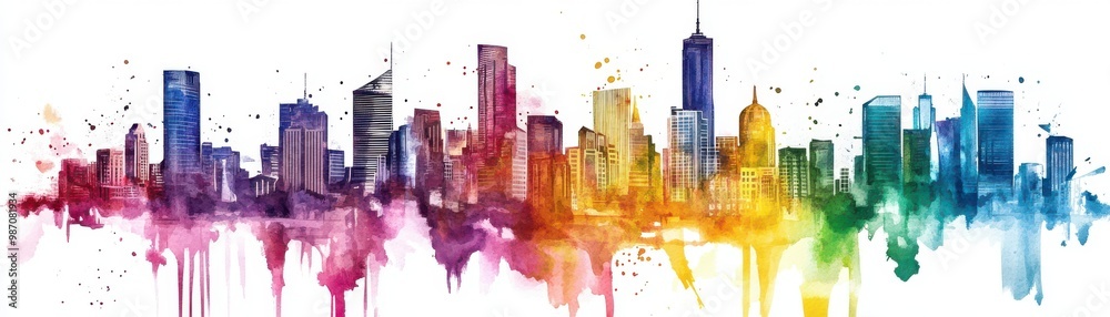 Fototapeta premium Vibrant city skyline silhouette with colorful watercolor splashes, representing urban life and creativity.