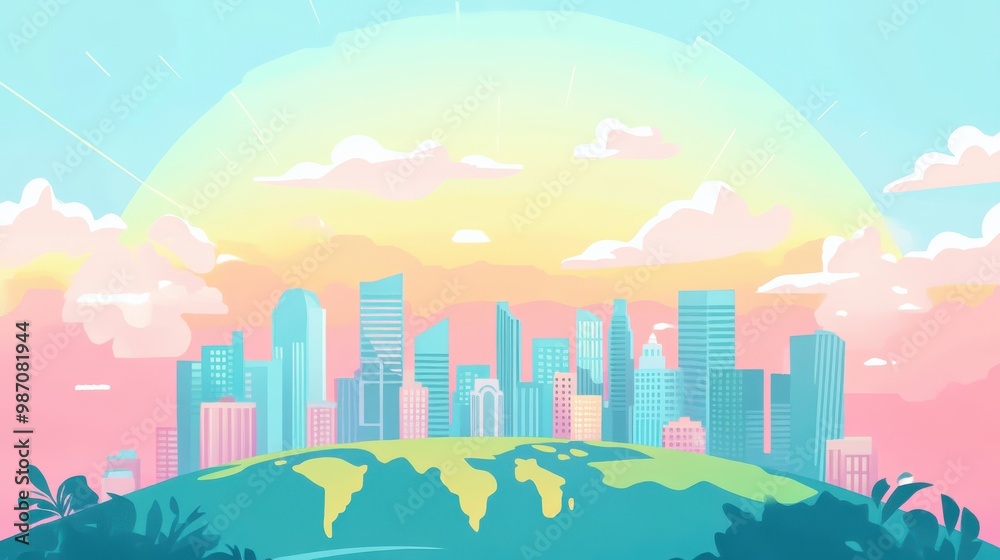 Fototapeta premium Vibrant city skyline with a colorful sunset backdrop, illustrating a harmonious blend of nature and urban life.