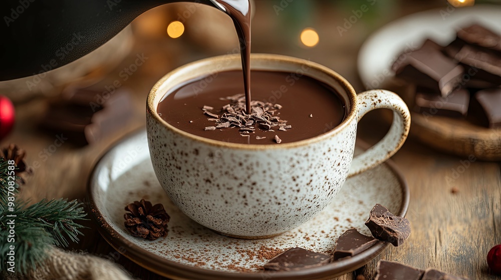 Hot Chocolate Being Poured Into a Mug with Chocolate Shavings Hot Chocolate Being Poured Into a Mug with Chocolate Shavings