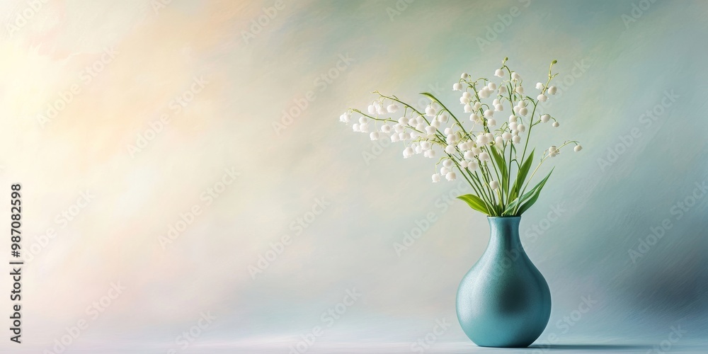 A delicate lily of the valley with small white flowers, displayed in a sleek, modern vase against a soft pastel background A delicate lily of the valley with small white flowers, displayed in a sleek, modern vase against a soft pastel background