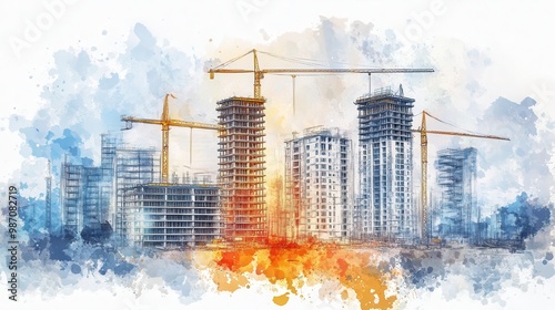 Vibrant watercolor illustration of a modern construction site with cranes and buildings, symbolizing urban development and progress.