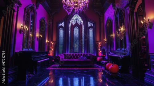 Gothic Elegance: Tracery Windows, Grand Organ, and Chandelier in Deep Purple and Black Tones with Dramatic Uplighting. Captivating Halloween Decor in Wide-Angle.
 photo