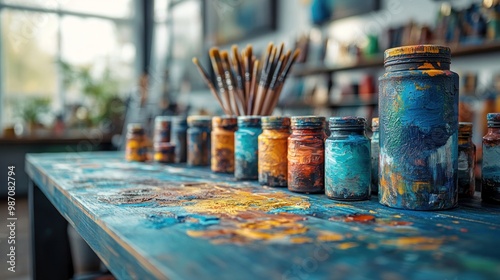 Artistic Table with Paint Jars