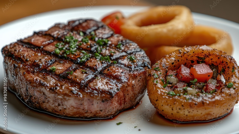 Grilled Steak with Onion Rings and Tomato Grilled Steak with Onion Rings and Tomato