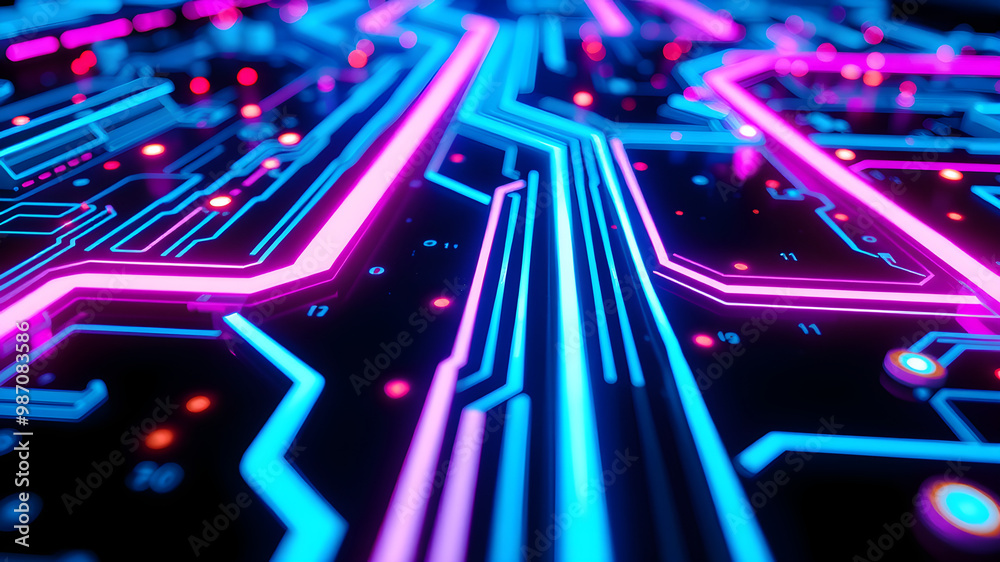Close up of Futuristic Circuit Board with Neon Blue and Pink Lights Illuminating High Tech Systems for a Sleek Modern Look Close up of Futuristic Circuit Board with Neon Blue and Pink Lights Illuminating High Tech Systems for a Sleek Modern Look