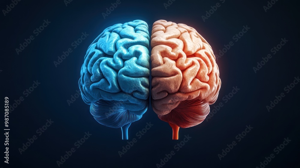 human brain on a blue background, the hemisphere is responsible for logic, and responsible for creativity human brain on a blue background, the hemisphere is responsible for logic, and responsible for creativity