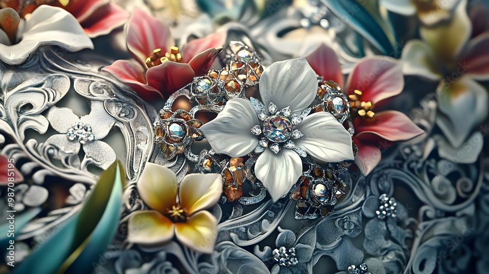 Naklejka premium Ornate White Gold Floral Jewelry Art Vibrant Baroque Inspired Florals and Crystal Accents