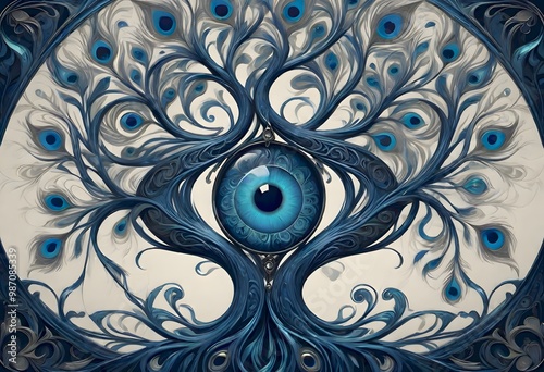 A surreal illustration of an eye integrated into a tree with peacock feathers as leaves, creating a mystical and artistic effect, Generative AI.