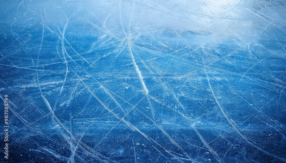 Close-Up of Skating Rink Ice Surface with Intricate Skate Blade Marks and Scratches, Capturing the Texture and Movement of Winter Sports in a Cold, Frosty Atmosphere