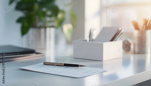 A Pen Resting on a Blank Document on a White Desk