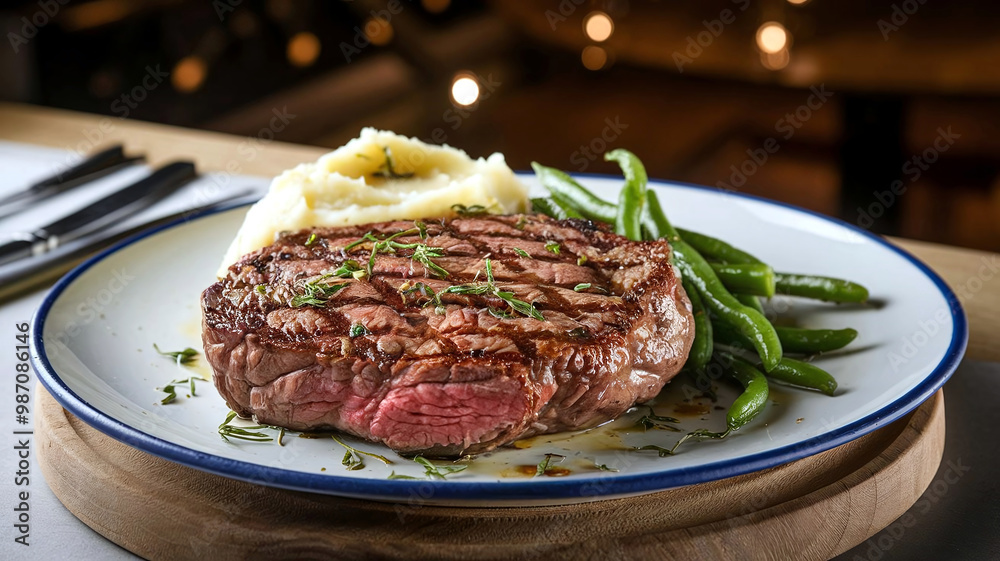 A plate of perfectly grilled, juicy medium rare premium Wagyu beef steak served with mashed potatoes and herbs, set in a soft, elegant restaurant ambiance for an upscale dining experience. A plate of perfectly grilled, juicy medium rare premium Wagyu beef steak served with mashed potatoes and herbs, set in a soft, elegant restaurant ambiance for an upscale dining experience.