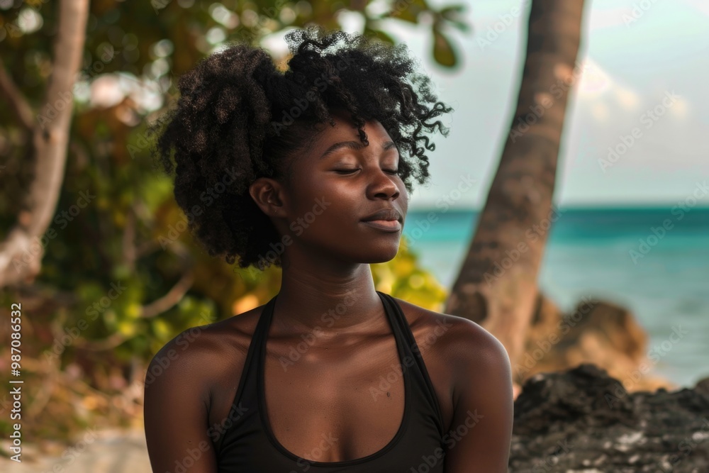 Black Meditate. Yoga and Meditation by the Beach: Calm Black Woman Practicing Wellness and Fitness in Nature Black Meditate. Yoga and Meditation by the Beach: Calm Black Woman Practicing Wellness and Fitness in Nature