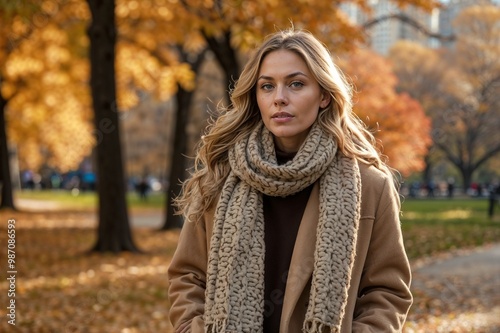 Young woman with confidence in a warm coat and scarf posing in a colorful autumn park