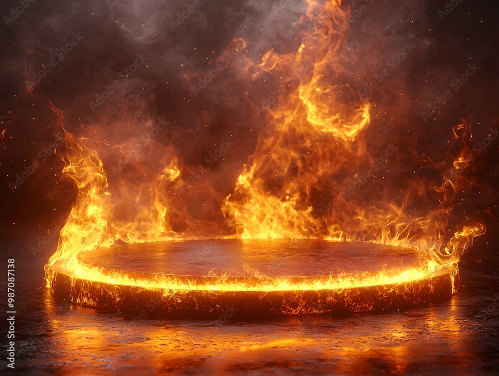 A fiery circle radiates heat and light against a dark, smoky backdrop, creating a dramatic and intense visual effect. A fiery circle radiates heat and light against a dark, smoky backdrop, creating a dramatic and intense visual effect.
