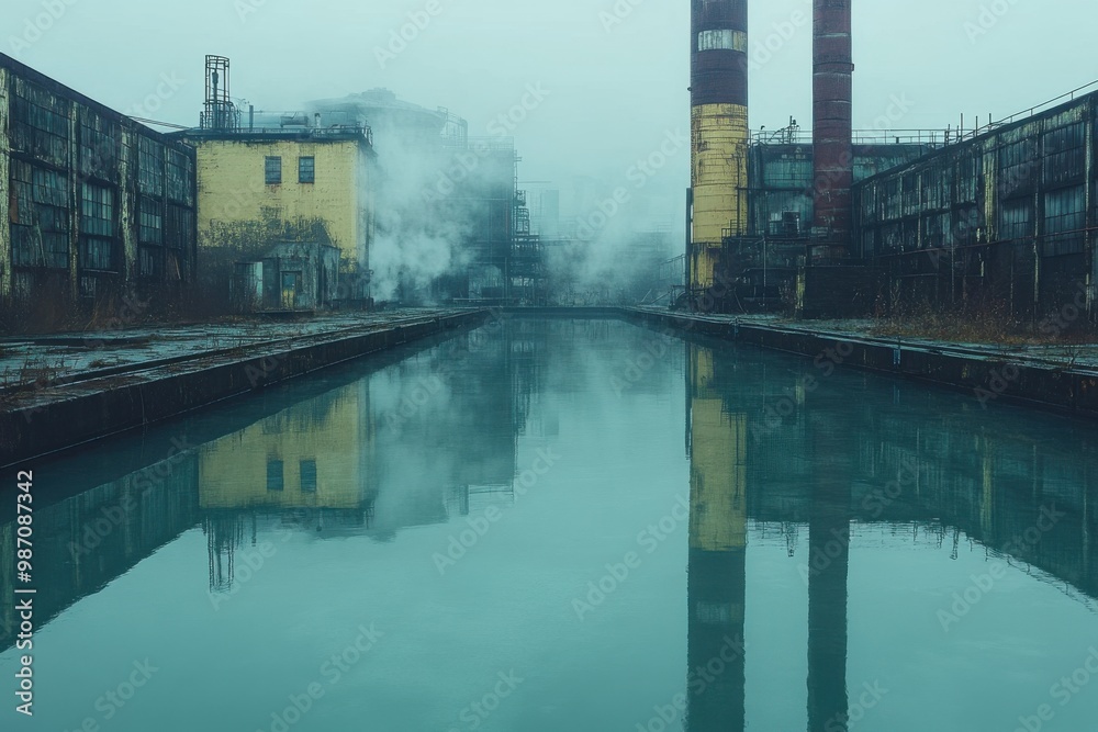 Fototapeta premium Industrial Canal with Fog and Reflections