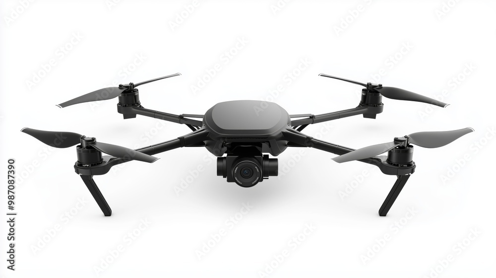 Black Modern Drone with Camera on White Background Black Modern Drone with Camera on White Background
