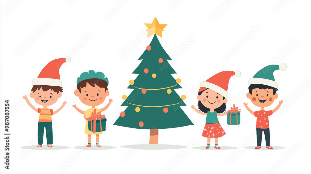 Fototapeta premium Children of different races, wearing Christmas hats and holding gifts around the green Christmas tree, flat design illustration, white background, minimalism, simple lines, cute style. Children around