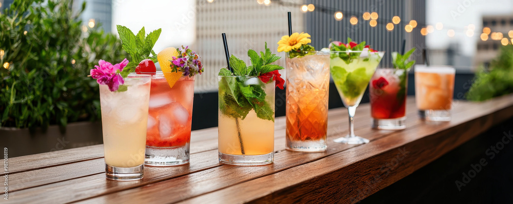 Colorful variety of tropical cocktails with garnishes arranged on a wooden table against a cityscape background Colorful variety of tropical cocktails with garnishes arranged on a wooden table against a cityscape background