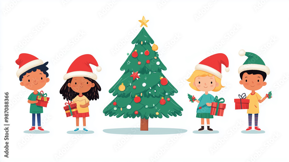 Children of different races, wearing Christmas hats and holding gifts around the green Christmas tree, flat design illustration, white background, minimalism, simple lines, cute style. Children around Children of different races, wearing Christmas hats and holding gifts around the green Christmas tree, flat design illustration, white background, minimalism, simple lines, cute style. Children around