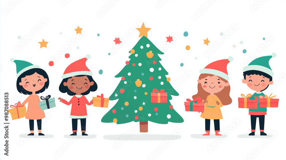 Children of different races, wearing Christmas hats and holding gifts around the green Christmas tree, flat design illustration, white background, minimalism, simple lines, cute style. Children around