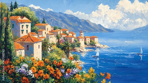 Mediterranean summer seascape in oil painting style, showing a quaint town, the sea, and lush flowers.