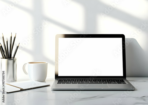 Modern Workspace with Laptop, Coffee, Notepad - Office Desk Essentials