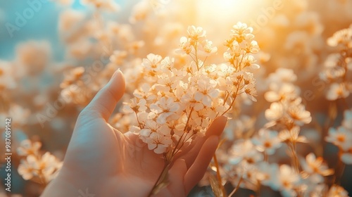 Hand Holding White Flowers in a Field