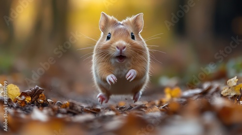 Cute Guinea Pig Running Through Autumn Leaves