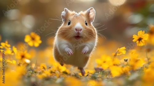 A Cute Guinea Pig Leaping Through Flowers