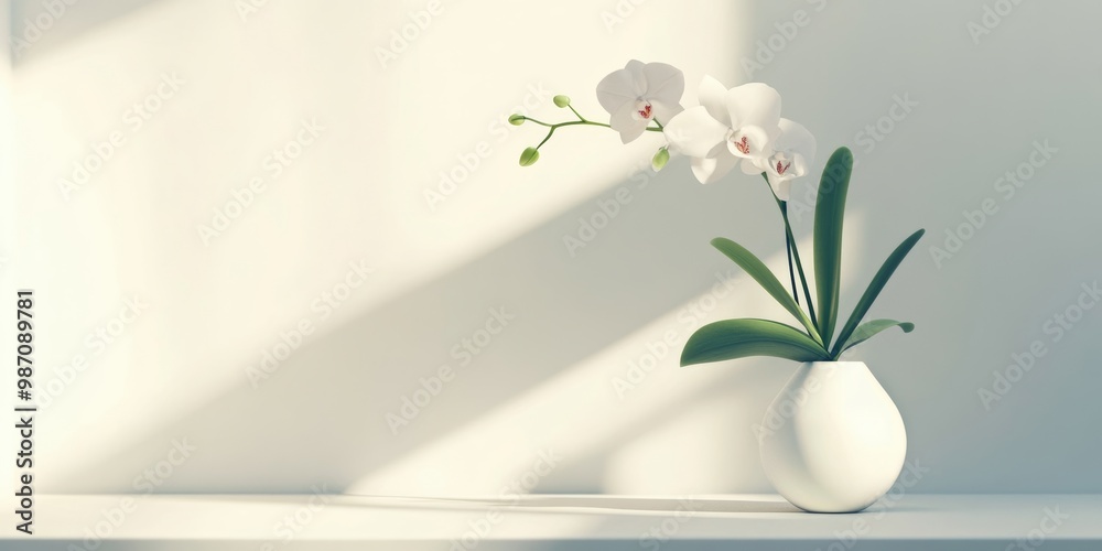 A minimalist flower vase holding a single orchid stem, placed on a sleek white surface with soft shadows and pastel colors A minimalist flower vase holding a single orchid stem, placed on a sleek white surface with soft shadows and pastel colors