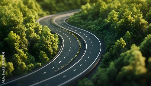 A Winding Asphalt Road Through a Lush Green Forest photo