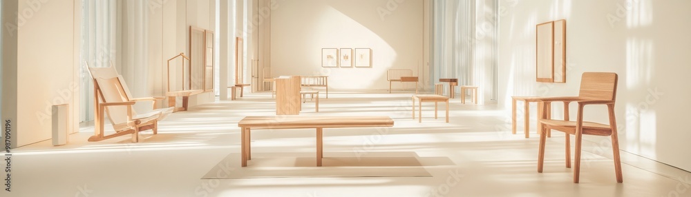 A modern interior scene featuring wooden furniture, natural light, and minimalist design elements for a serene atmosphere. A modern interior scene featuring wooden furniture, natural light, and minimalist design elements for a serene atmosphere.
