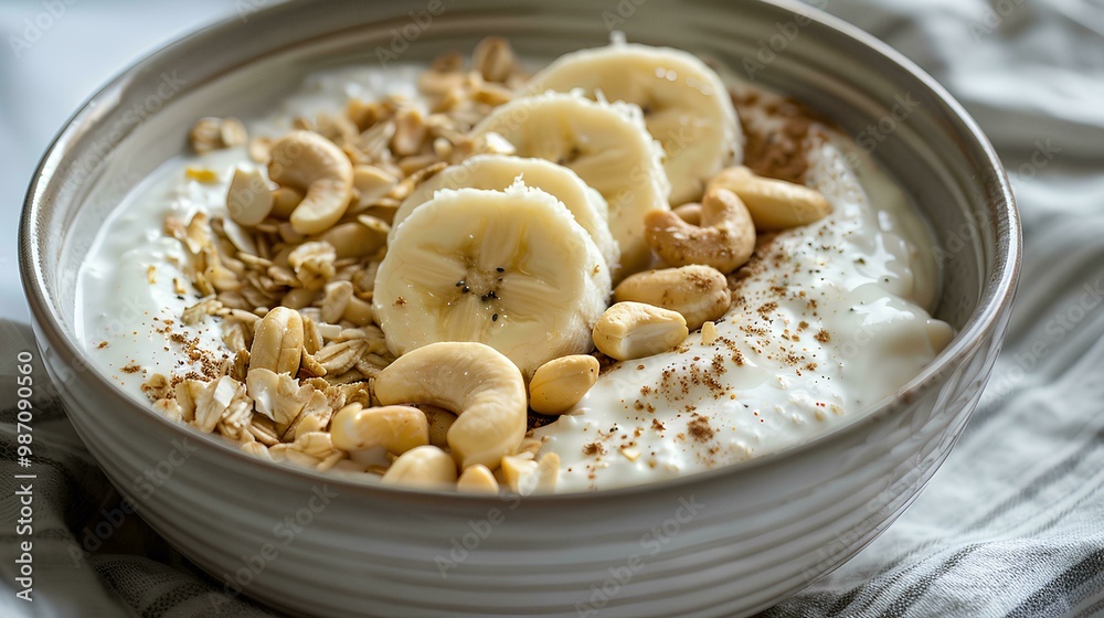 White bowl with greek yogurt, banana slices and cashew nuts on top of the fairy, healthy food concept White bowl with greek yogurt, banana slices and cashew nuts on top of the fairy, healthy food concept
