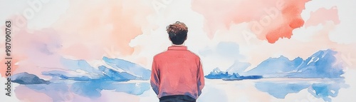 A person gazing at a serene watercolor landscape, reflecting on nature's beauty and tranquility in soft pastel colors. photo