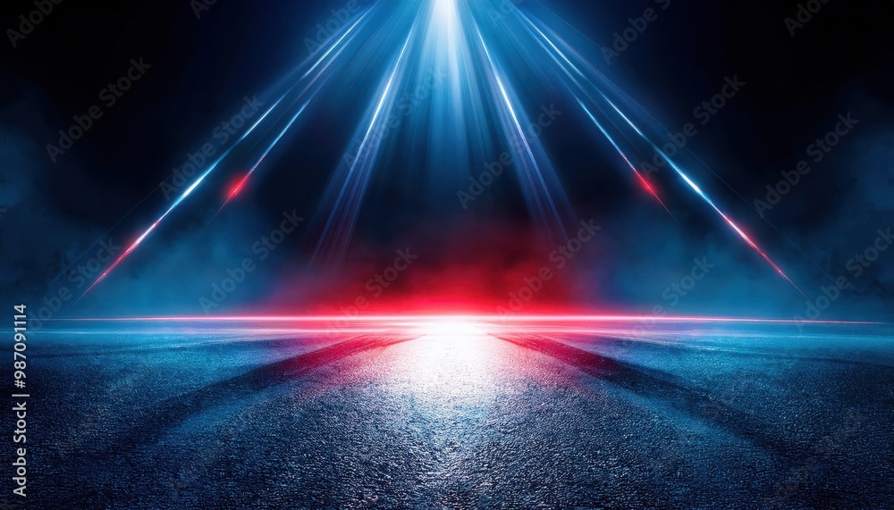 Epic Red Light Beam Descends on Misty Blue Alien Landscape with Reflective Wet Surface. Futuristic and Sci-Fi Cinematic Scene Epic Red Light Beam Descends on Misty Blue Alien Landscape with Reflective Wet Surface. Futuristic and Sci-Fi Cinematic Scene