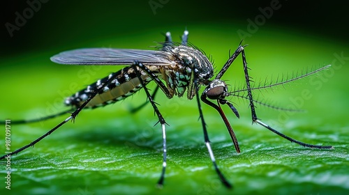 Close-up of a mosquito on a green leaf, with its proboscis extended, ready to bite.