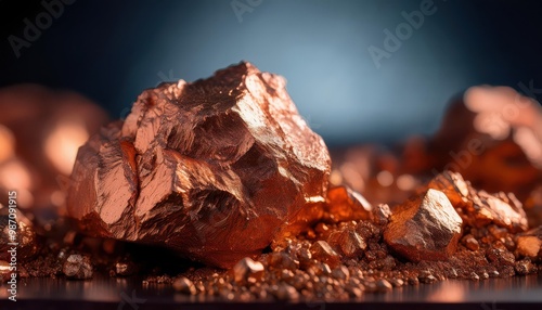 Close-up of Raw Copper Ore Nuggets Shimmering in Natural Light, Showcasing Metallic Luster and Rough Texture, Against a Dark, Contrasting Stone Background photo