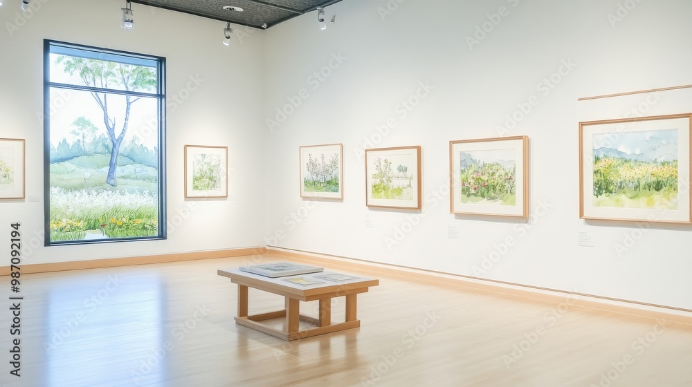 Fototapeta premium A serene art gallery featuring framed paintings, natural light, and a minimalist design, ideal for creative inspiration.