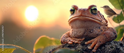  A detailed image of a frog perched on a tree branch with a bird sitting atop its head photo